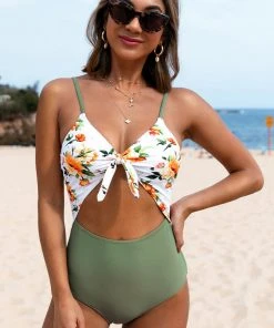 CUPSHE Green And Floral Knotted One Piece Swimsuit