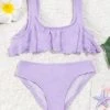 CUPSHE Swimwear UP TO 70% OFF Vapor Wave Solid Floral Ruffled Bikini Set