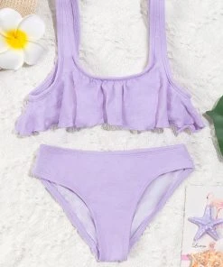 CUPSHE Swimwear UP TO 70% OFF Vapor Wave Solid Floral Ruffled Bikini Set