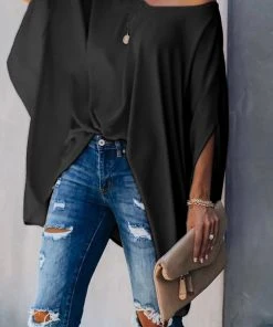 CUPSHE Beach Shirts & Tops Juliet V-neck Short Sleeve Loose Waist Black Top