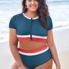 CUPSHE Plus Size 4th Of July Shining Sea Zip Up Crop Top & Banded High Waist Bikini Set