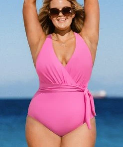 CUPSHE Summer Dreaming Surplice Pink Halter Plus Size One Piece Swimsuit