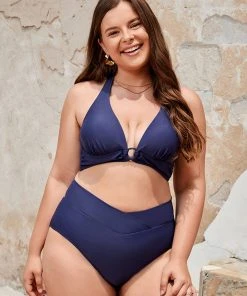 CUPSHE Summer Dreaming O-Ring Front Halter Plus Size Bikini Top