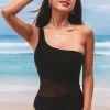 CUPSHE One Pieces Forest Adventure Solid Mesh One Shoulder Black One Piece Swimsuit