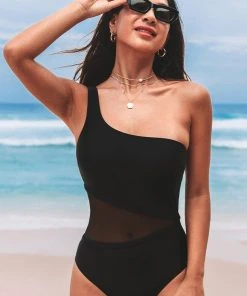 CUPSHE One Pieces Forest Adventure Solid Mesh One Shoulder Black One Piece Swimsuit