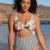 CUPSHE Floral And Striped Cutout Knotted Plus Size One Piece Swimsuit Swimwear UP TO 70% OFF