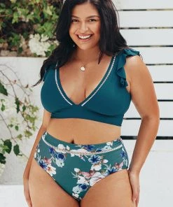 CUPSHE Teal And Floral Ruffle Plus Size Bikini Smocked And Floral Swimsuits