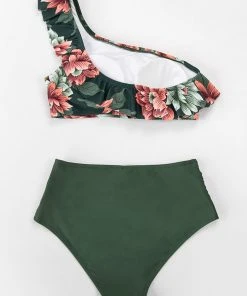 CUPSHE Dark Green Floral One Shoulder Ruffle High Waisted Bikini
