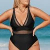 CUPSHE Swimwear BOGO 40% OFF Omniscient Solid Mesh Panel Tummy Control Black Plus Size One Piece