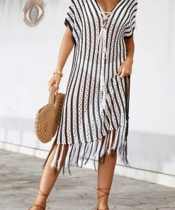 CUPSHE Cover Ups Eva Dolman Sleeve Tassel Crochet Cover-up Dress