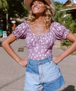 CUPSHE Smocked And Floral Swimsuits Kataleya Ditsy Scoop Ruched Short Sleeve Bodysuit