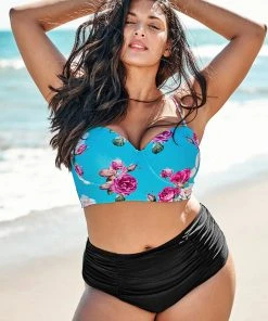 CUPSHE Floral And Black Shirring High Waisted Plus Size Bikini Swimwear UP TO 70% OFF