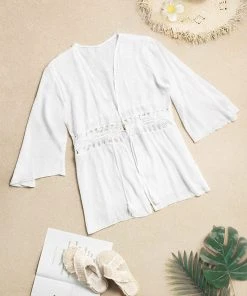 CUPSHE Cover Ups Leila Crochet Tassel Drawstring Kimono