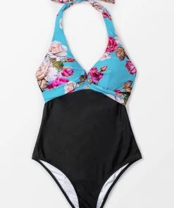 CUPSHE Floral And Black Halter One Piece Swimsuit One Pieces