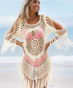 CUPSHE Summer Dresses 2022 Desirae White Crochet Tassel Cover-up Dress