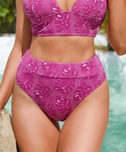 CUPSHE Bikinis Tropical Jacquard Banded Cheeky High Leg Bikini Bottoms