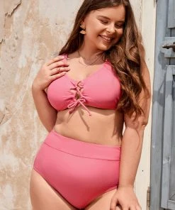 CUPSHE Luminescent Strappy High Waist Tummy Control Pink Plus Size Bikini