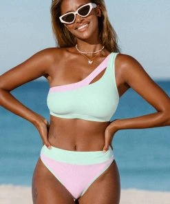CUPSHE Spring Macaron One Shoulder Cutout And High Waist Bikini Set Swimwear Trendy Features