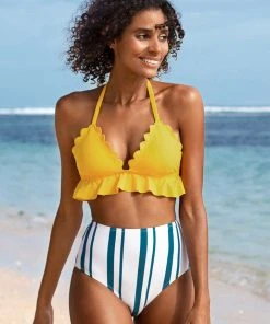 CUPSHE Beach Days Ruffle And Striped High Waisted Bikini Swimwear UP TO 70% OFF