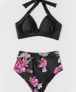 CUPSHE Bikinis Black Floral Halter High Waisted Bikini