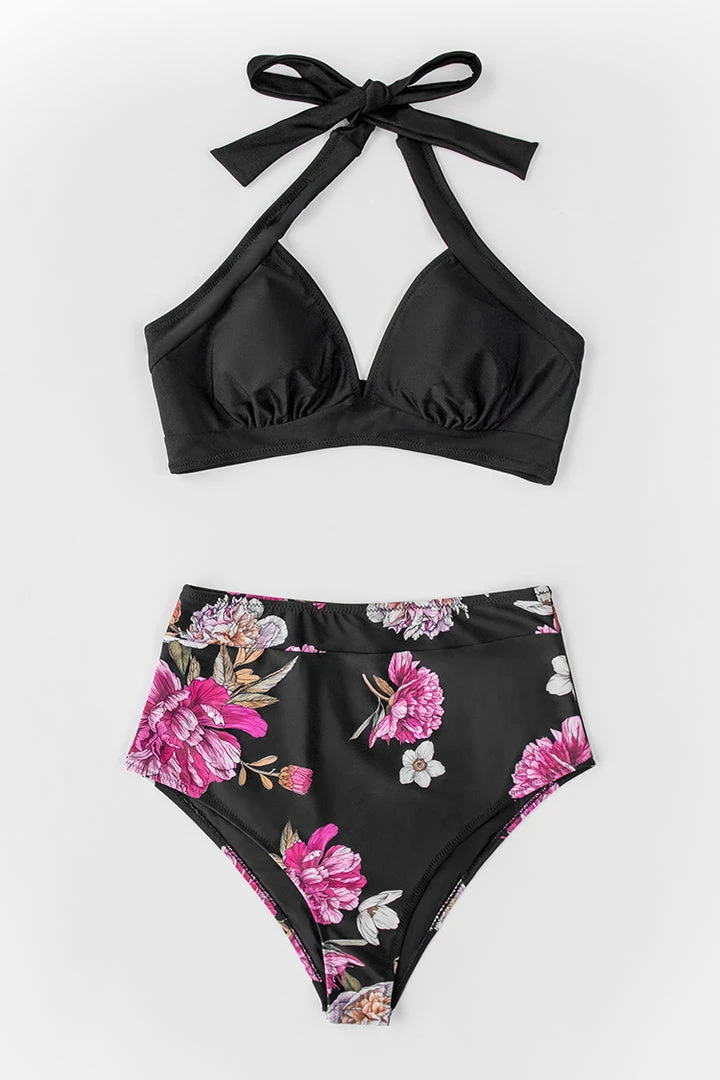 CUPSHE Bikinis Black Floral Halter High Waisted Bikini