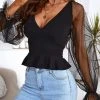 CUPSHE Davina Long Sleeve Plunge Contrast Lace Top Accs & Clothing