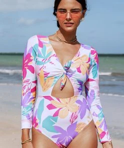 CUPSHE Multi Spring Bunny Tie Cutout Long Sleeve One Piece Swimsuit One Pieces