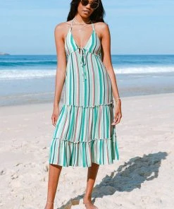 CUPSHE Dresses Alondra Stripe Frill Halter Neck Elastic Waisted Slip Dress