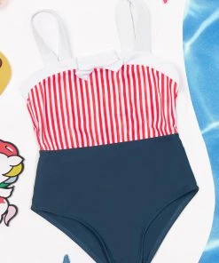 CUPSHE 4th Of July Sea Shore Stripe Bow One Piece Swimsuit For Girls One Pieces