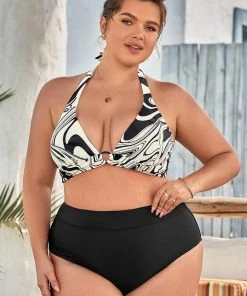 CUPSHE Ink Flow Molded Halter High Waist Tummy Control Plus Size Bikini Swimwear BOGO 40% OFF
