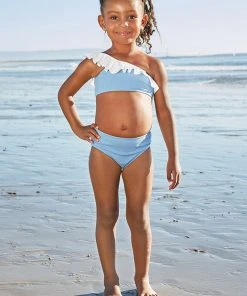 CUPSHE Swimwear Trendy Features Sarai Blue One Shoulder Ruffled Bikini For Toddler Girls And Girls