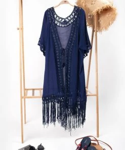CUPSHE Flamenco Navy Front Open Tassel Crochet Kimono