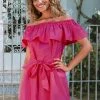 CUPSHE Marlene Pink Ruffle Off Shoulder Tie Waist Dress