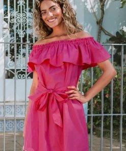 CUPSHE Marlene Pink Ruffle Off Shoulder Tie Waist Dress