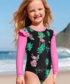 CUPSHE Girls Palm Beach Night Flamingo Plam Ruffle Long Sleeve Rashguard One Pieces
