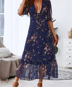 CUPSHE Dulce Short Sleeve Plunge Maxi Dress