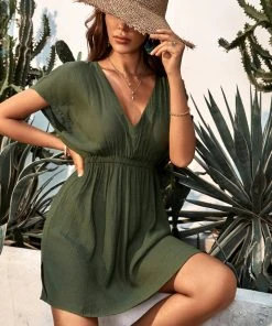 CUPSHE Casual Dresses Delina Plunge Short Sleeve Elastic Waist Cover Up