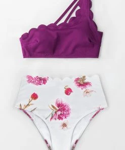 CUPSHE Swimwear UP TO 70% OFF Purple And Floral One Shoulder Scalloped Bikini