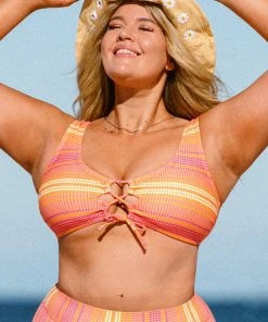 CUPSHE Swimwear UP TO 70% OFF Mercury Stripe Strappy Front Bralette Plus Size Bikini Top