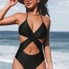 CUPSHE One Pieces Braelynn Black Halter Criss Cross Back Tie Black One Piece Swimsuit