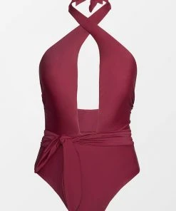 CUPSHE Precious Burgundy Front Cross Halter One Piece Swimsuit