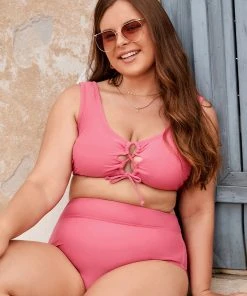 CUPSHE Luminescent Strappy High Waist Tummy Control Pink Plus Size Bikini