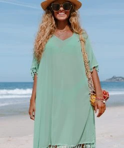 CUPSHE Cover Ups Tinsley Light Green V-neck Tassel Split Cover Up