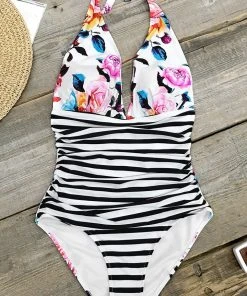 CUPSHE Bold Floral And Stripe Halter Tummy Control One Piece Swimsuit