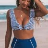CUPSHE Blue Striped And High Waisted Bikini