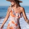 CUPSHE One Pieces Romantic Flower Ruffled One Shoulder One Piece Swimsuit