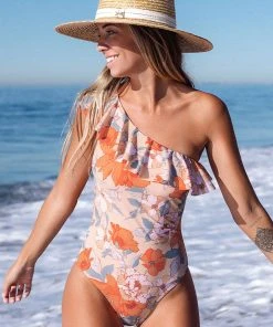 CUPSHE One Pieces Romantic Flower Ruffled One Shoulder One Piece Swimsuit