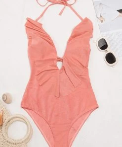 CUPSHE One Pieces Noelia Pink Halter Plunge Ruffle One Piece Swimsuit