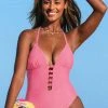CUPSHE Joyful Retro Solid Button Front Halter Pink One Piece Swimsuit