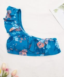 CUPSHE Swimwear BOGO 40% OFF Seafoam Garden Ruffled One Shoulder Bikini Top